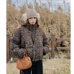 Leopard print down cotton jacket short style 2026 new winter fashion loose and thick stand up collar bread jacket