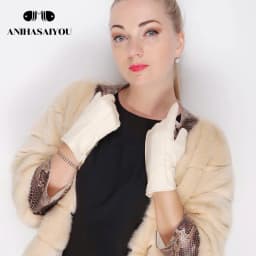 White Leather Women's Gloves, Genuine Leather, Cotton Lining Warm, Fashion Leather Gloves, Warm Winter Gloves -2226
