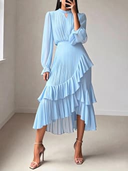 LGRQ 2026 Summer New Solid Color High Waist Dress With Ruffled Hem And Pleats Mid-Length Party Evening Gown