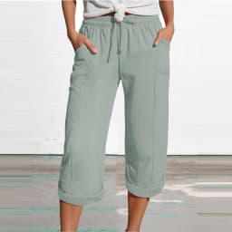 Women 3/4 Muslin Trouser Lightweight Linen Pants With Pockets Causal Loose Capri Trousers Elastic Comfortable Fabric Bottom