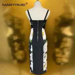 MARYYIMEI Spring Autumn Women's Dress Spaghetti Strap Backless High waist Pretty Slim-Fit Hip Wrap Print Silk Dresses
