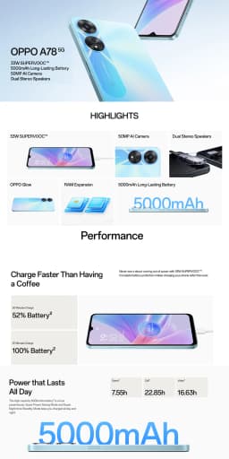 OPPO A78 6.56" Screen 5G LTE Smartphone 8GB+256GB 50MP AI Camera 5000mAh Big Battery 2026 Newest Dual SIM Android Mobile Phone