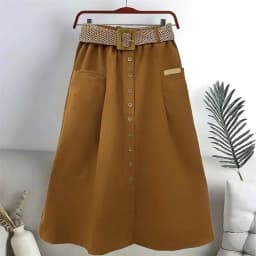 2025 Spring Summer Women Washed Cotton Elastic High-waist Skirt Pocket Belt Solid Long A-line Skirts Split Hem All-match Skirts