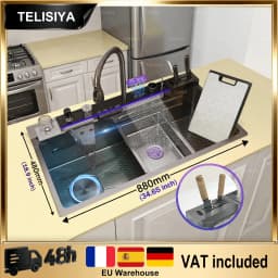 Modern Stainless Steel Kitchen Sink Multifunctional Sinks Waterfall Golden Large Single Slot Digital Display Washing Basin