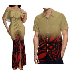 2024 New Hawaiian Gradient Polynesian Island Couple Set Women'S Off-The-Shoulder Dress Party Fishtail Skirt With Men'S Shirt