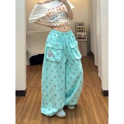 Y2K American 2000s Vintage Teal Turquoise Polka Dot Sweatpants Women Wide Leg Baggy Joggers Drawstring Elastic Lounge Pants