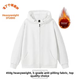 Pure Cotton Fleece Lined Hoodie Jacket Deep Blue Zipper Closure Sweatshirt Outerwear for Men And Women Autumn Winter Casual Wear