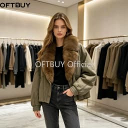 OFTBUY Big Fox Fur Collar Goose Down Clothing Women Warm Thick Short Down Outerwear Winter Suede Jacket with Fur for Female
