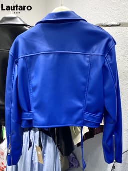 Lautaro Spring Autumn Short Blue Soft Pu Leather Biker Jacket Women Zipper Long Sleeve Belt Cool Luxury Designer Clothes 2022