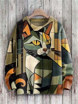 Abstract Art Cat Multicolor Print Casual Pullover Knit Sweater Women For Men Sweater