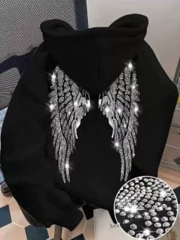 Leisure Spring and Autumn Sweater Wing Print and Hot Rhinestone Two Styles Women's Long-sleeved Pullover Hoodie
