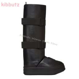 Motorcycle Knee High Boots Platform Genuine Leather Belt Buckles Round Toe Height Increasing Solid Color Fashion Concise Shoes