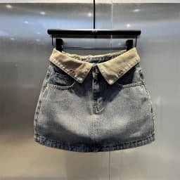 Color Blocking Denim Skirt for Women Retro High Waisted Blue Hip Hugging Short Skirt 2026 New Summer Anti Glare Half Dress