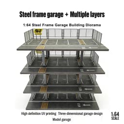 Car Garage Diorama Model 1:64 Steel Frame Multi-Level Garage - 3/4 Story US/JP Style for Diecast Car Display & Collectors