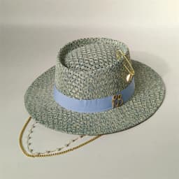 Cherry powder 2026 straw hat pearl chain DIY flat top sun hat new Korean elastic ribbon hat beach hat candy color sun hat