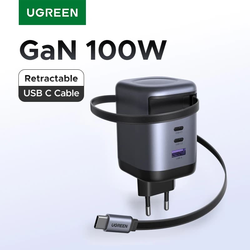 UGREEN 100W 65W 45W GaN Charger With Retractable USB C Cable PPS PD Fast Charger For Laptop Macbook Pro Tablet iPhone 18 Samsung