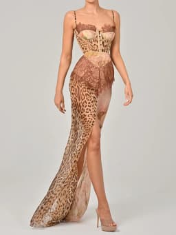 Mozision Leopard Print Lace Split Sexy Maxi Dress Women Gown Elegant Patchwork Chiffon Sleeveless Backless Beach Evening Dress