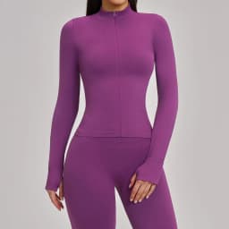 Women's Seamless Long Sleeve Yoga Top Ribbed High Neck Full Zip Slim Fit Sports Jacket Thumb Hole Workout Gym Running Activewear