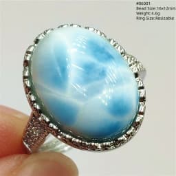 Natural Blue Larimar Adjustable Ring 925 Sterling Silver Larimar Gemstone Women Men Water Pattern AAAAA