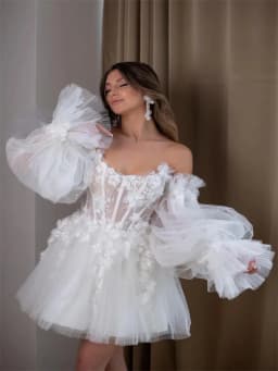 Customized Boat Neckline With 3D Flowers Long Puff Sleeves Tulle A-Line Mini Wedding Dress Elegant Lace-up Back Gown For Bride