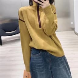 Casual patchwork color half zipper turtleneck cashmere sweater women fall winter pullover sweater loose knit sweater