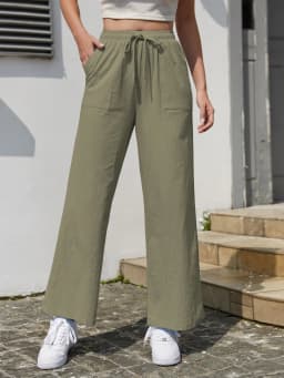 Women's Solid Color Loose Wide Leg Pants Casual Drawstring Straight Pants Pocket Casual Pants Trousers Loose High Waisted Pants