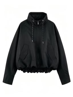 Guobioziy 2026 Autumn Women's Short Thick Jacket Stand Collar with Drawstring Hem Zipper Long Sleeve Loose Casual Pocket Coat