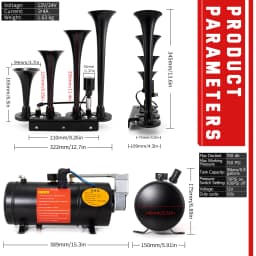 FARBIN 4 Trumpet Horns 150DB Train Horn Kit for Truck Air horns with 150 PSI 12V Blue Black Air Compressor Air Tank Can 0.8 Gal