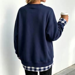 Women's Fake Two-Piece Oversize Sweatshirts With Plaid Hem Side Slit Long Sleeve Pullover Loose Fit Round Neck Sweatshirts Tops