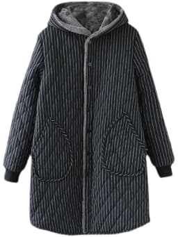 Women's Fleece Lined Thickened Long Cotton Jacket Loose Striped Hooded Coat Korean Style Winter Outerwear Casual Coat