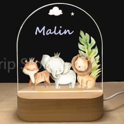 Personalized Baby Birth Night Light Custom Name Animal Elephant Lion with USB Wood Base Lamp for Bedroom Table Rainbow Decor