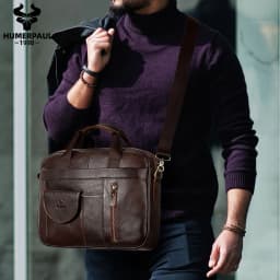 HUMERPAUL Men's Briefcase Bag Top Layer Leather Handcrafted Laptop Bag with Multiple Compartments Business Shoulder Messenger