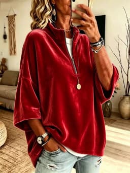 Autumn Winter Velvet Solid Half Zip Sweatshirts Stand Collar 3/4 Sleeve Loose Casual Pullover Tops Women Vacation Daily Hoodie