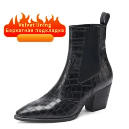 Cowboy Ankle Boots for Women Luxury Cow Split Genuine Leather Block High Heel Elastic Band Short Booties Goth Brown Black Shoes
