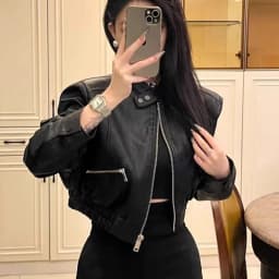 Chic Black Women Cropped Moto Jacket Zip Up Crew Neck Pockets Coat Faux Leather High Street Y2K Streetwear Winter Outwear Top