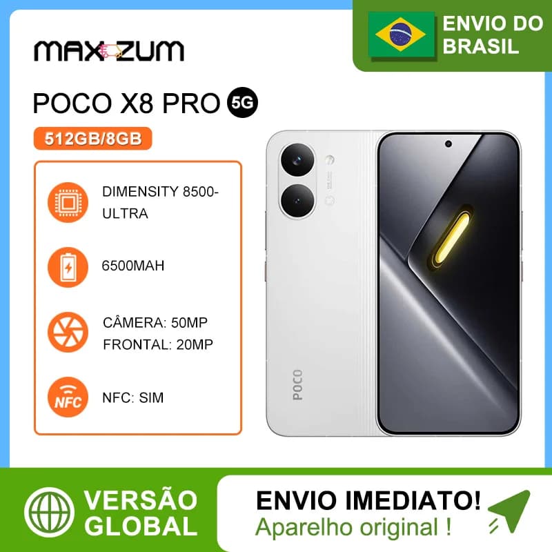 Poco X8 PRO 5G, 512GB/8GB Versão Global, Smartphone MediaTek Dimensity 8500-Ultra, Bateria 6500mAh, Câmera 50MP