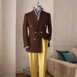 Timeless Men's Navy Blue Double Breasted Suit Summer Breathable Casual 2Piece Set Jacket+Yellow Linen Pants Wedding Groom Attir