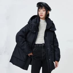 Metersbonwe Women's Oversized Long Hooded Down Jacket Adjustable Pig Nose Buckle Waist Belt Utility Duck Down Parka Warm Winter