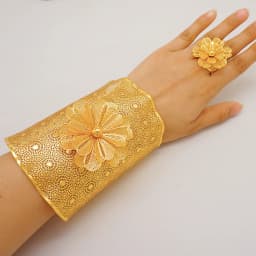 France Luxury Chain Cuff Bangle & Ring For Women Dubai Gold Color Indian Moroccan Big Bracelet Jewelry Arabic African Wedding