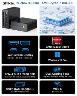 GMKtec K8 Plus Mini PC AMD R7 8845HS 8-core 16-thread DDR5 5600Mhz Pcie 4.0 SSD WIFI6 BT5.2 Win11 Pro Desktop Gaming PC