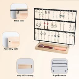 3-Tier Earring Organizer 75 Holes Jewelry Display Stand Metal Earring Holder with Wood Base Necklace Holder