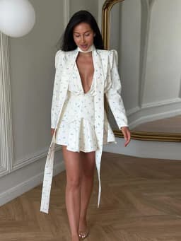 Elegant Printed Women's Dress Long Sleeve V-Neck Lady Mini Dresses With Waist-Tape 2026 Summer Chic Female Vacation Holiday Robe