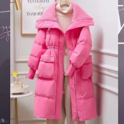 Thickened Large Collar down Cotton Jacket Midi Length Waist-Cinching Pink Outerwear Coat for Short Women Winter Outerwear