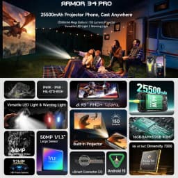 Ulefone Armor 34 Pro + Projector Rugged Phone 16GB+512GB Night Vision 6.95'' Android 15 Dimensity 7300 25500mAh 5G Smartphone