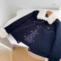 Faux Lambswool Patchwork Short Quilted Cotton Jacket Coat Women Retro Slim Navy Blue Padded Coat Female Workwear Style Outerwear