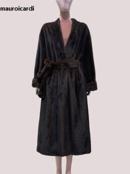 Mauroicardi Spring Winter Elegant Luxury Long Thick Warm Fluffy Soft Brown Faux Mink Fur Coat Women with Deep V Neck Sashes 2025