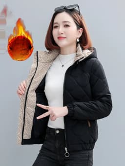 Women's Short down Cotton Jacket Warmth Outerwear Winter Coat plus Size Fluffy Coat Slimming Thickened Long Sleeve Zipper