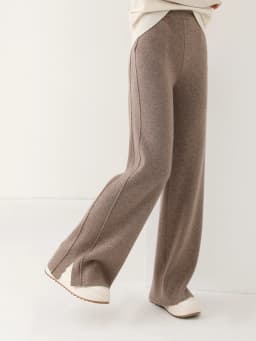 Women Wool Wide Leg Pants Threaded Elastic Waist Cashmere Trousers Autumn Winter 100% Merino Wool Knitted Soft Slit Design Pants