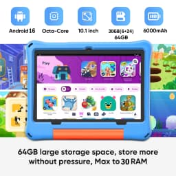 10.1-Inch Children's Tablet Android 16 WIFI Eight Core Processor 30GB (6+24) RAM 64GB ROM YouTube with EVA Protective Case