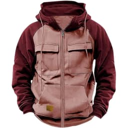 Model Retro Workwear Hooded Sweatshirt, Men's Zipper solid-color Warm Sports Shirt With Multiple Pockets Hooded Jacket
